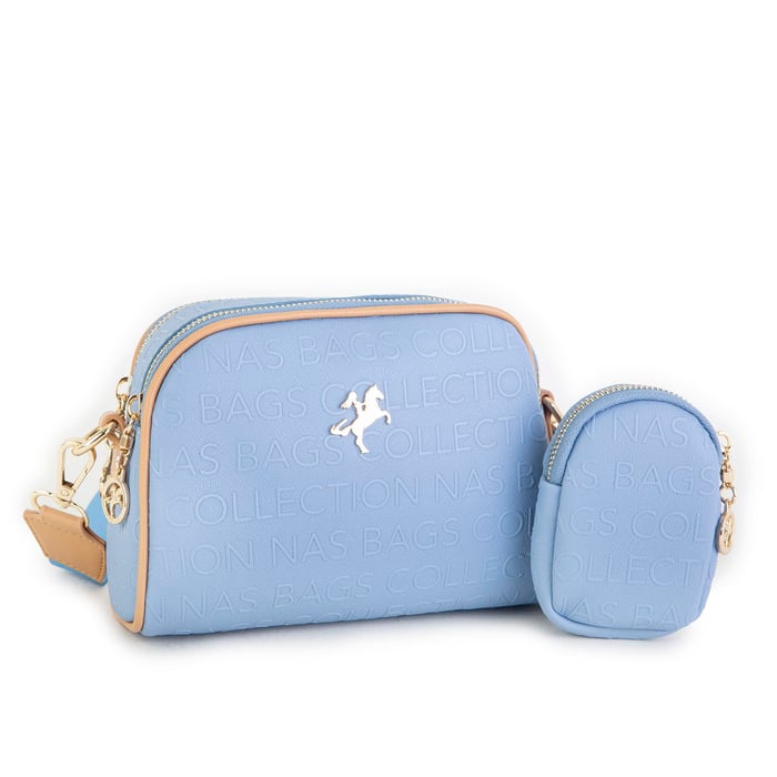 Nas Bag Kadın Mini Çapraz Çantası Mavi Camel  Gofraj 